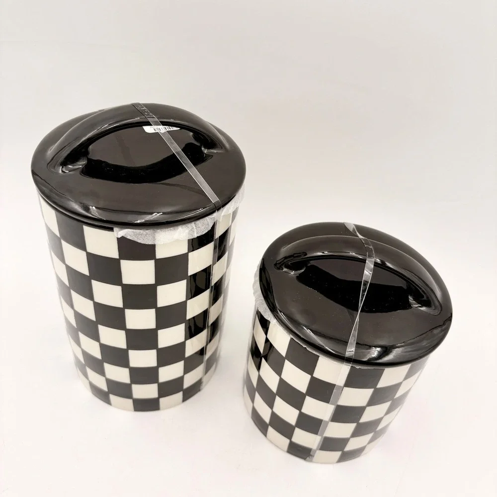 Potters Studio Black White Checkered Ceramic Canister Set 2‎ Piece Courtly Check